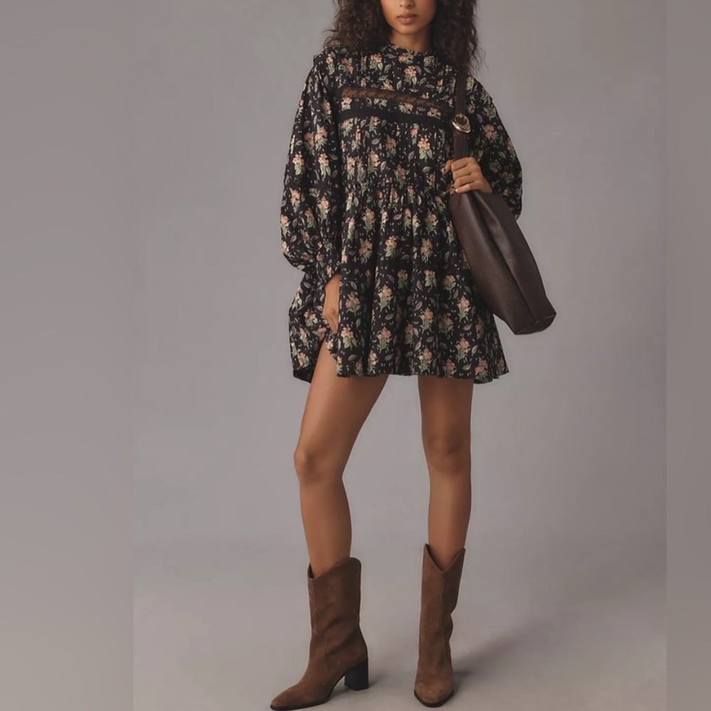Anthropologie Pilcro Long Sleeve Mock Neck Swing Mini Dress Black